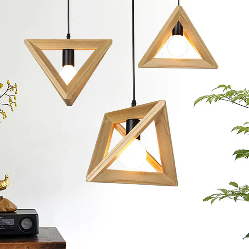 Lustre à cadre en bois triangulaire, lampe suspendue en bois, éclairage de maison