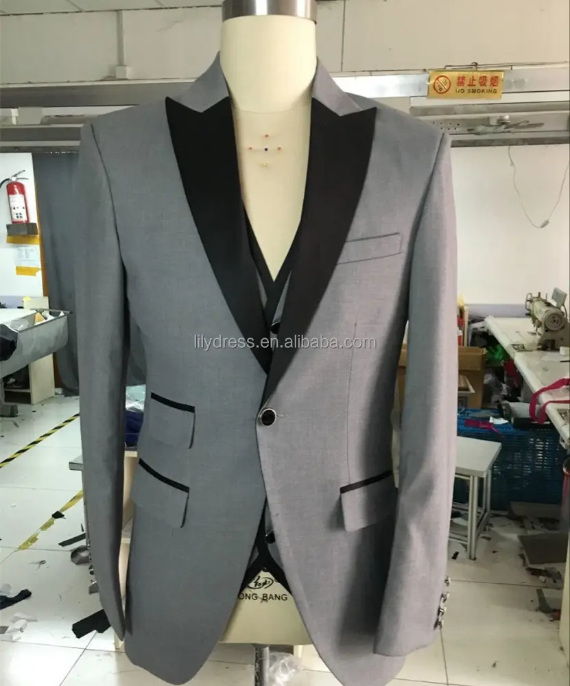 HD054 abito su misura da uomo grigio su misura, abiti su misura con risvolto nero (giacca + pantaloni + gilet)