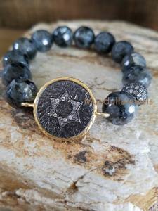 BM25158 Pulseras con dijes de moda Pila de cuentas facetadas de labradorita con mano redonda CZ Hamsa y pulsera Micro Pave Ball Star David - Product Image 3