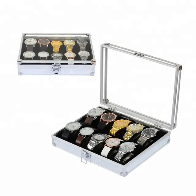 Caixa de relógios de metal de alumínio, luxuosa, venda quente, estoque, tampa de vidro