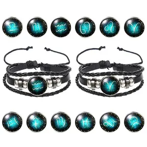 Unisex Nocti lucent 12 Sternbilder Leder armband leuchten in dunklen Rindsleder perlen schwarz gewebt 12 Tierkreis Armband