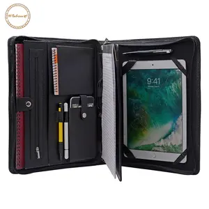 패션 이그 제 큐 티브 블랙 가죽 A4 Padfolio 사용자 정의 로고 가죽 폴더 지퍼 가죽 Padfolio