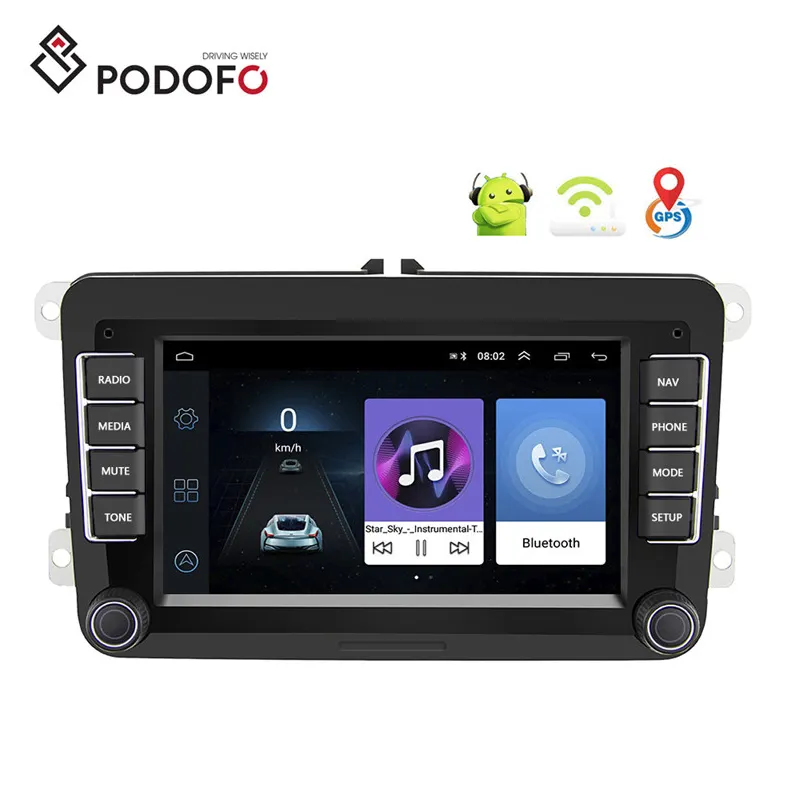 Podofo-Radio con GPS para coche, Radio con Android de 7 pulgadas, 2 Din, WIFI, BT, FM, para Volkswagen/VW/PASSAT/POLO/GOLF 5 6/TOURAN