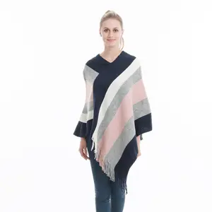 Women Wholesale New Fashion Plus Size Color Block Fringed Sweater Cape