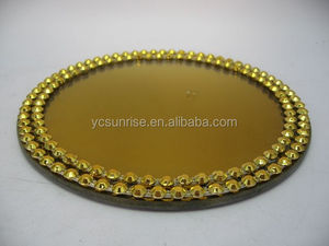 New Gold Wedding Mirrored <strong>Candle</strong> <strong>Holder</strong> , Mirror Glass Charger <strong>Plates</strong> With Decorative Beads Around