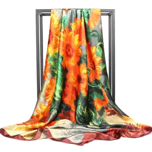 新缎模拟丝绸围巾梵高向日葵缎打印大方巾 90厘米便宜围巾