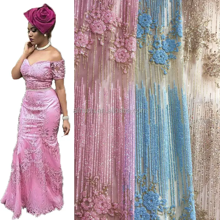 Queency Vino Colore Ultime Francese Del Merletto Netto con Paillettes Fiore del ricamo Del Merletto Nigeria per Aso Ebi All'ingrosso