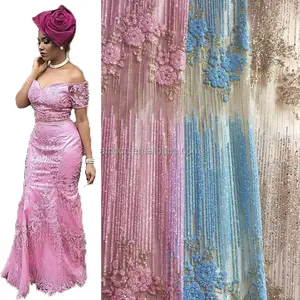 Queency Wine Color Latest French Net Lace with Sequins Flower embroidery Nigeria Lace for Aso Ebi Wholesale