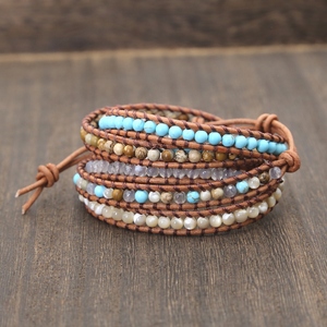 Gioielli regalo 5 fili di pietra naturale 4mm bracciale avvolgente <span class=keywords><strong>in</strong></span> <span class=keywords><strong>pelle</strong></span> avvolgente braccialetto Boho a forma di tubo unico avvolgente - Product Image 1