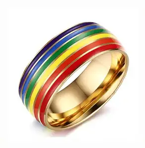 قوس قزح المينا غاي مثليه زفاف خطوبة وعد باند LGBT خاتم الفولاذ المقاوم للصدأ