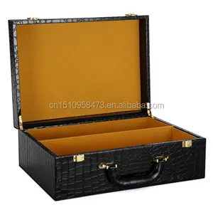 High end travelling wooden box leather cover suitcase with golden handle