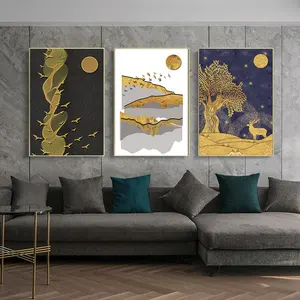 Lienzo de paisaje de montaña, Pintura Artística de 3 paneles, ciervo moderno, animal, pájaro
