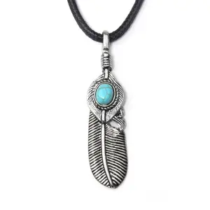 QN006 Individual character tide male joker feather takes necklace of pine stone necklace restoring ancient ways leather rope