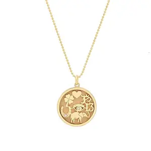 18k gold Good Luck Charm necklace features celebrated cross cultural symbols engraved pendant necklace