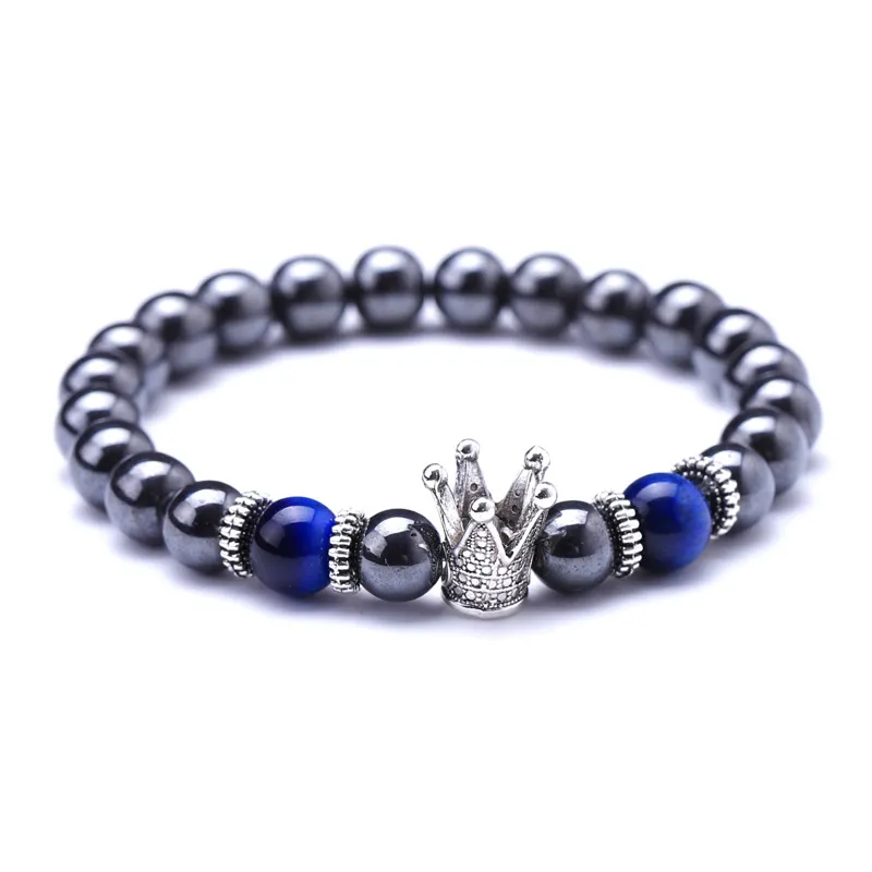 Vente en gros Bracelet couronne œil de tigre hématite 8mm Bracelets magnétiques en argent avec cristal plaqué or et perle pour femmes et hommes