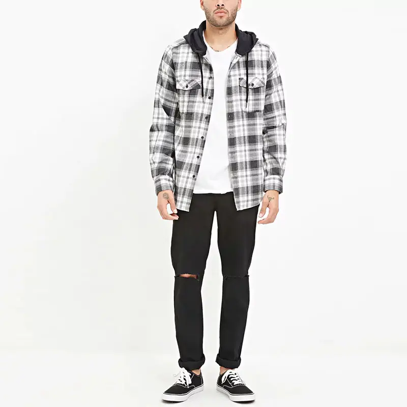 2019 Mens Wear Wholesale Plaid Shirt Hooded Plaid Flannel Shirt