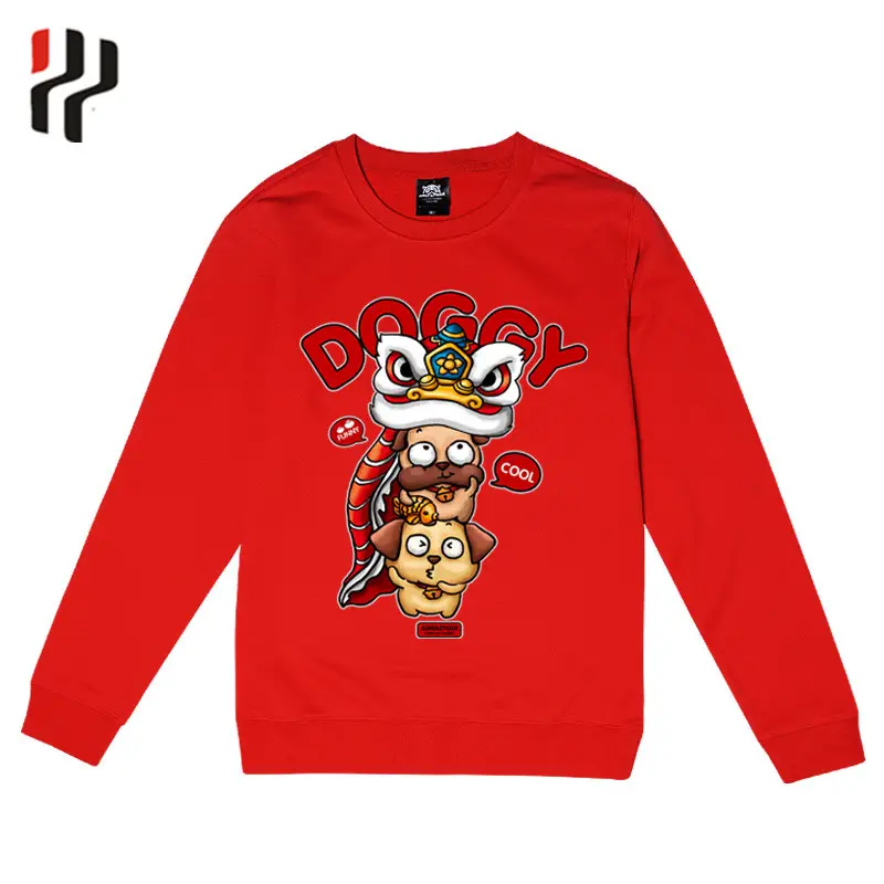 OEM Factory Fashion Musim Dingin 100% 320Gram Sweatshirt Pria Gambar Layar Sutra Kustom Katun Bulu Domba Merah Crewneck