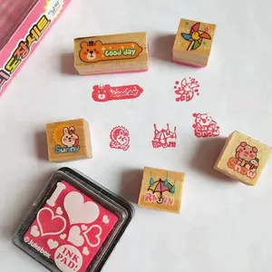 Square mini wooden rubber stamp set for kids gifts with ink pad wooden stamp toy