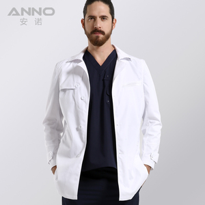 Anno เสื้อโค้ทผ้าทอสีขาวใช้ได้ทุกเพศเสื้อโค้ทหมอใส่สบายพร้อมโลโก้ - Product Image 2