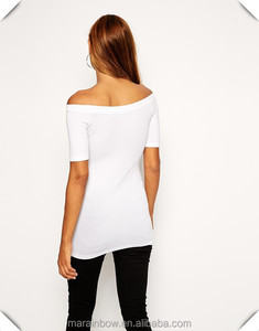 95% <strong>Viscose</strong> 5% Elastane White/Black Plain Lightweight Womens Longline Short Sleeve T Shirt Off the Shoulder <strong>Top</strong> in Tunic Length - Product Image 2