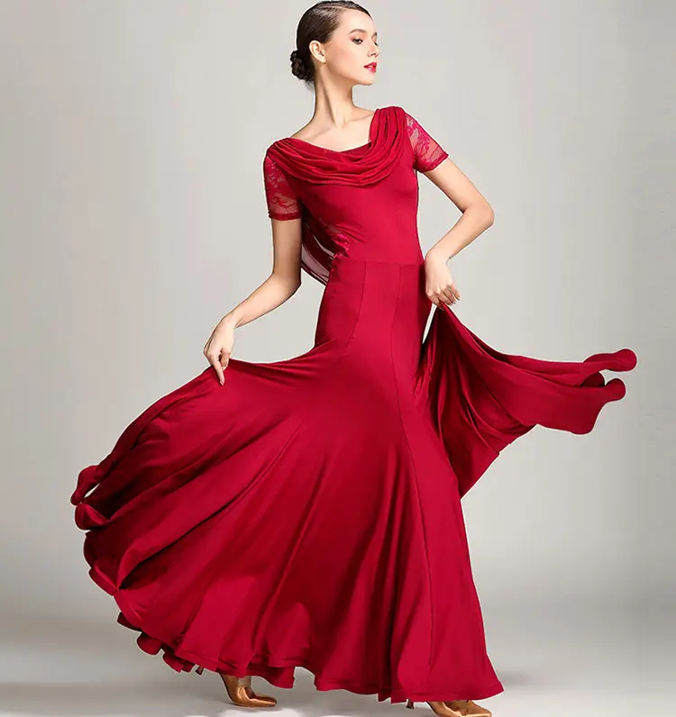 Hohe Qualität Niedriger MOQ Freies Verschiffen Frauen Mädchen Elegent Rot Ballroom Dance Wear Kleid