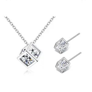 Nieuwste Fashion Cube Sieraden Sets Zilveren Vergulde Aaa Kubieke Zirkoon Ketting & Oorbellen Sieraden Set Voor Vrouwen Vriendin Gift