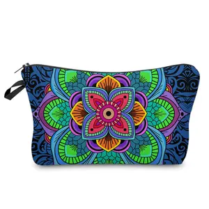 Bolsa de maquiagem para viagem, bolsa de maquiagem em azul marinho com mandala, ecológica, bolsa para cosméticos feminina 3d