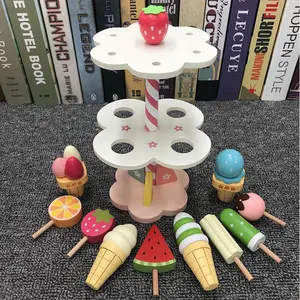 Pretend Playing Ice Cream Fruit Toy Round Tree Display Educational Shape Match Pink Kids Wooden Cake Stand Toy for Children