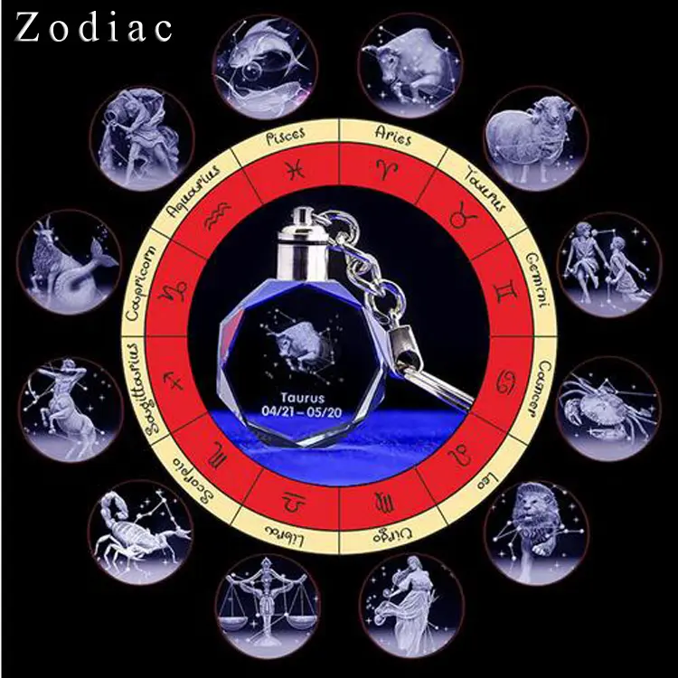 Großhandel Zodiac Customs 3D Laser gravur Kristall LED Licht Kristall Schlüssel bund