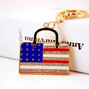 크리 에이 티브 크리스탈 미국 국기 열쇠 고리 반지 홀더 여성을위한 가방 키 체인 매력 자동차 펜던트 Keyfobs 쥬얼리 선물