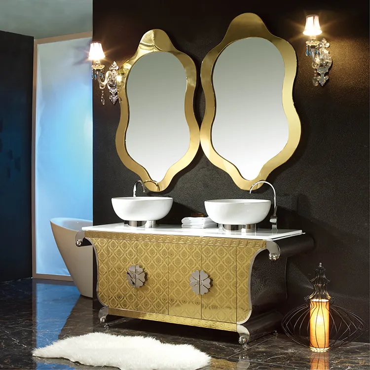 Good price double sink mirror stainless steel bathroom vanity cabinet
