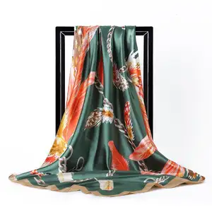 90*90cm High Quality Silk Scarf Women Ladies Large Feather Printed Square Head Scarf Brand Design Autumn Fashion Satin Scarves