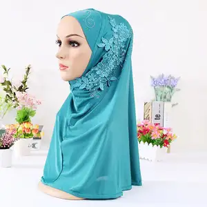 Hijab tampa de algodão para cabeça, venda quente de lenço de algodão com strass bordado floral, cachecol interno, islâmico, instantâneo, hijab 60*60