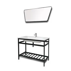 36'' Black color stainless steel resin sink console bathroom vanity, freestanding wash basin mirror cabinet