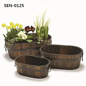 3-Ovals Burntwood flower barrels pot planter wood in garden/wooden planter