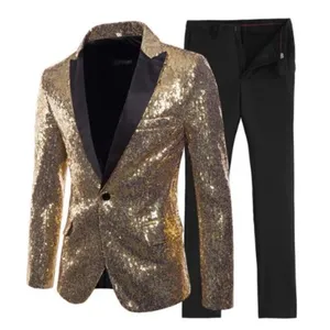 Hoge Kwaliteit Gold Sequin Mens Suits Slim Fit Piekte Notch Revers Smoking voor Bruiloft Party Man Blazer + Broek