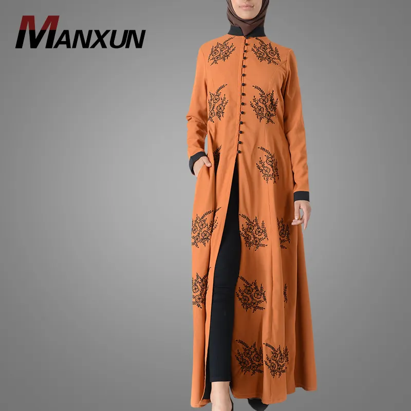 현대적인 디자인 기모노 만다린 자수 전면 오픈 아바야 모로코 Jalabiya 이슬람 여성 맥시 드레스 이슬람 의류