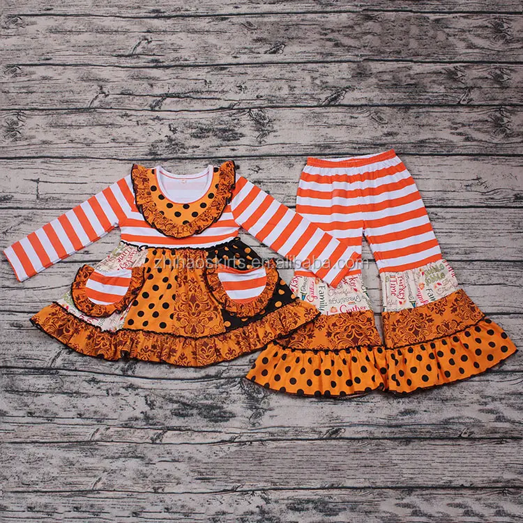 Halloween Bên Trang Phục Cho Trẻ Em Cô Gái Bán Buôn 2Pcs Pumpkim In Quần Áo Set Smocked Thiết Kế Trẻ Em Dài Tay Áo Mùa Thu Mặc