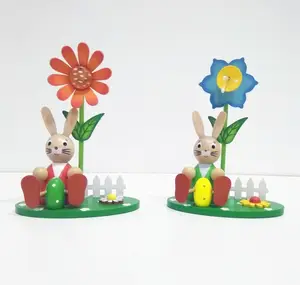 Indoor table top hand painted Easter rabbit decor wood with flowers and eggs