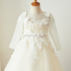Abito da bambina a maniche lunghe in <span class=keywords><strong>Tulle</strong></span> di pizzo con perline Champagne abito da festa di compleanno principessa abito da bambina - Product Image 2