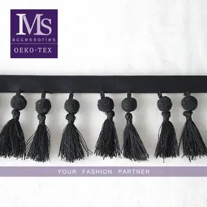 High quality 7.5cm width black beaded fringe tassel trim with pompom balls