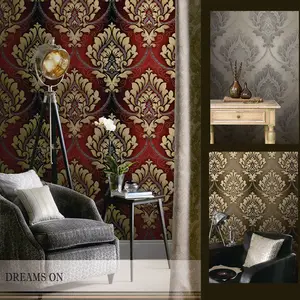 Papel tapiz de PVC con diseño de Damasco clásico rojo para habitación