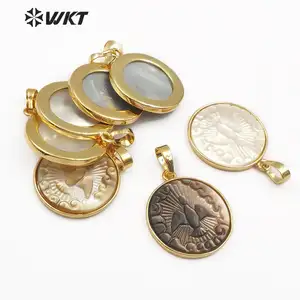 WT-JP091 Forme Ronde Pendentif En Or Avec Motif D'oiseau Dans La Couleur Noire Blanche Délicate Sculpté Coquille Bijoux Naturel Perle Pendentif En Coquille