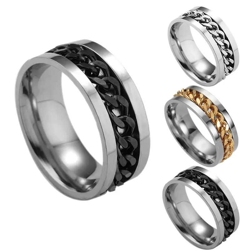 Punk Rock Spinner Titanium Ring Roestvrij Staal Goud Draaibare Zwarte Ketting Ringen Mannen Voor Vrouwen Accessoires