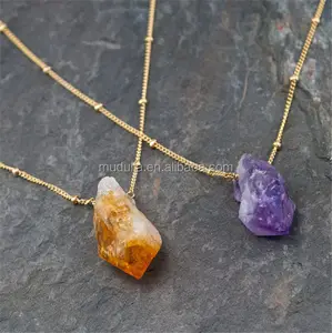 NM18059 Raw Gemstone Charm Necklace Amethyst Citrine Point Necklace Gold Plated Chain Necklace