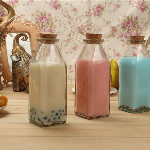 350ml Soda lime material Square Juice Milk glass bottle with cork lid