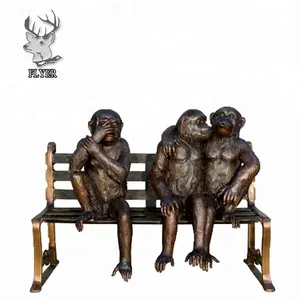 Life size garden bronze three monkey sculptures on bench