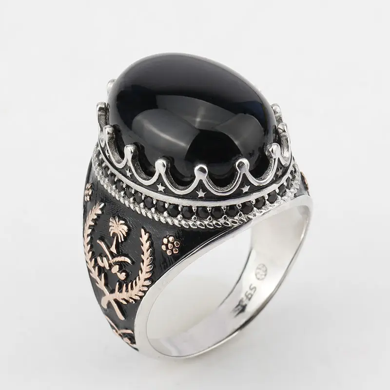 चांदी 925 पुरुषों की अंगूठी के साथ ओवल काले बड़ा पत्थर काले छोटे जेड विंटेज गुंडा अंगूठी पुरुषों के लिए महिलाओं प्रेमियों फैशन गहने