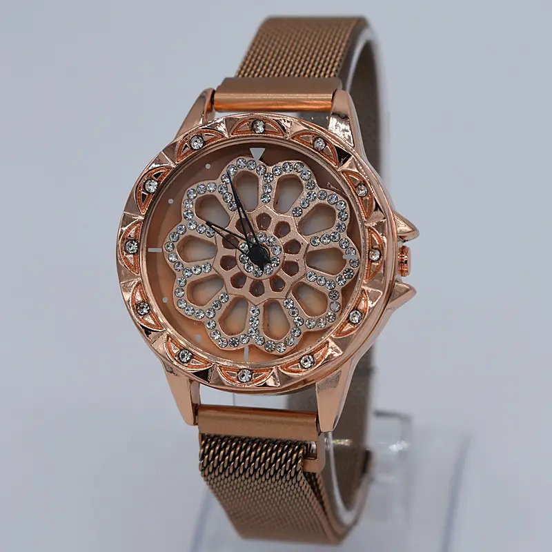 Luxury Rose Gold Flower Diamond Women's Watch Fashion Ladies watch Rotary Timepiece Quartz Wrist watches Turn Dial Female