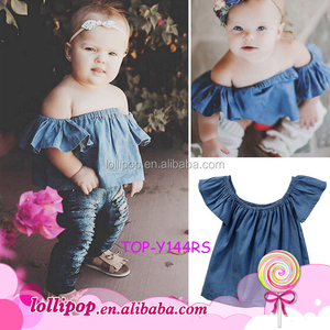 Los niños pantalones vaqueros Tops bebé Niñas Ropa Jersey Falbala hombro Tops aleteo manga camiseta niños ropa de niña - Product Image 2